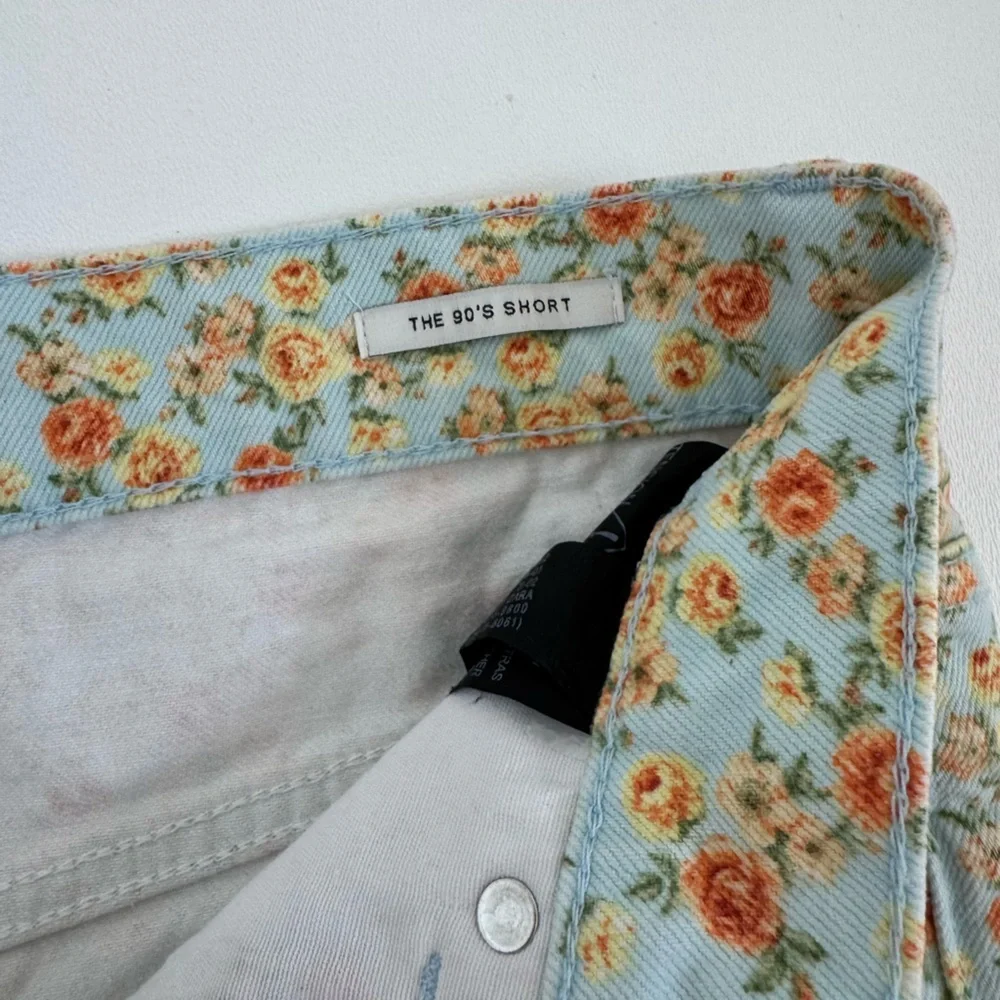 ZARA Floral Denim Shorts High Rise Raw Hem Blue Orange Roses Size 4